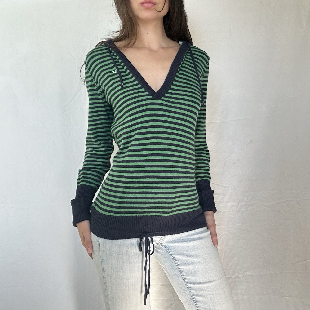 2000s American Eagle Striped Hooded Sweater Green Navy Cozy Indie Grunge Preppy